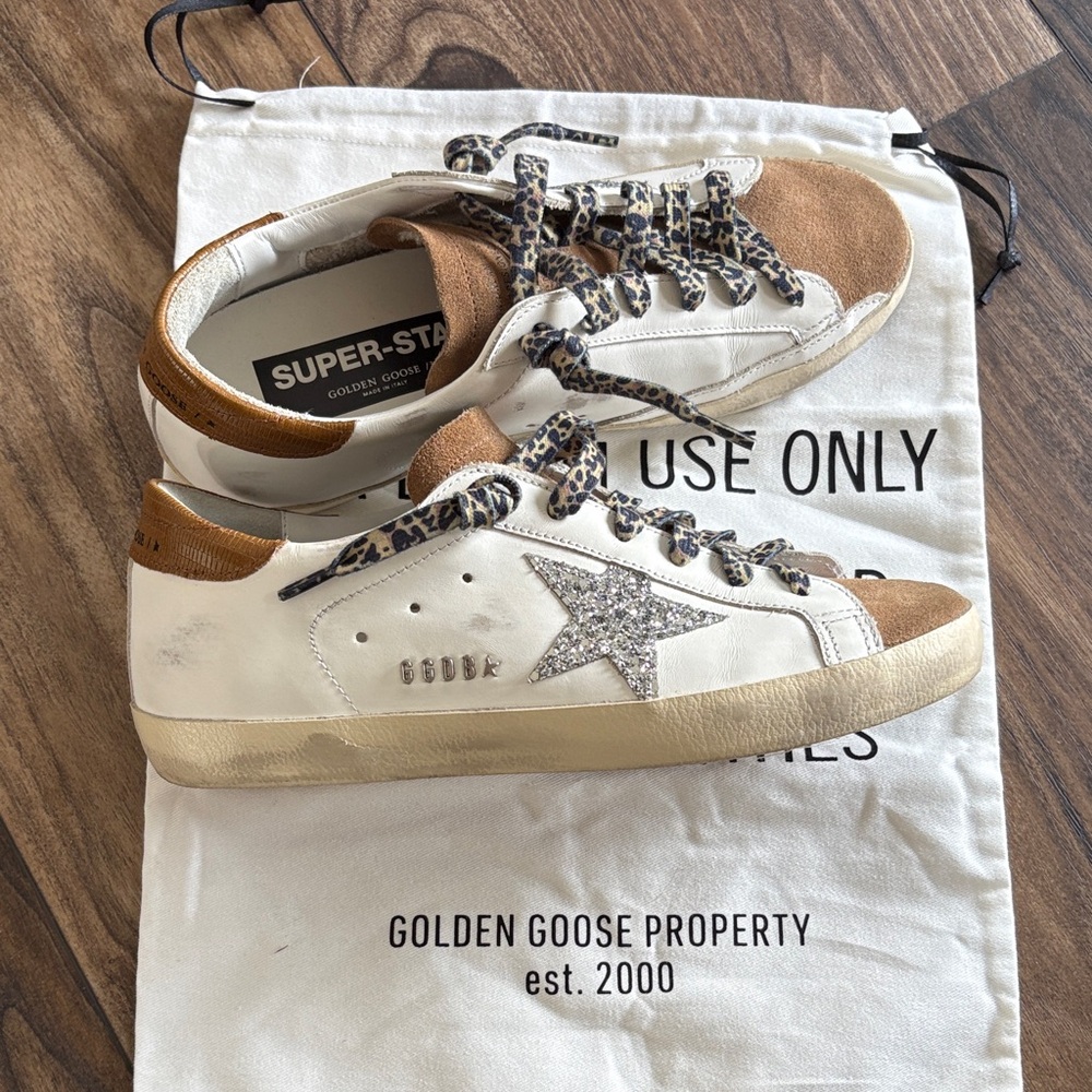 Golden Goose White Leather Sneakers with Brown Suede & Leopard Laces
